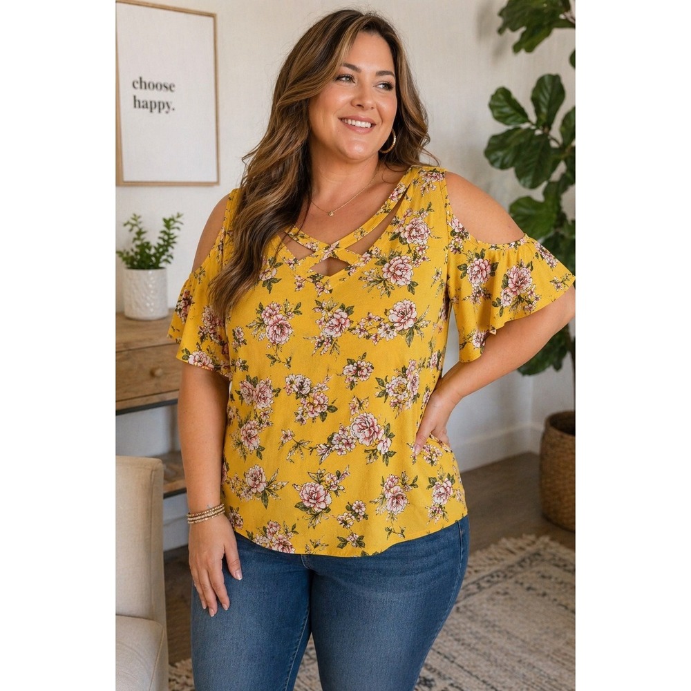 Flower & Feather Women's 3X Yellow Floral Cold Shoulder Top Boho Peekaboo Sleeve